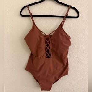 SHEIN Chestnut Crisscross One Piece Swimsuit